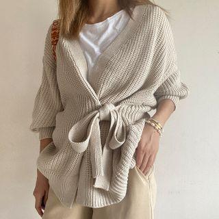 Plain Elastic-waist Cardigan Khaki - One Size