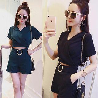 Set: Short Sleeve V-neck Cropped Top + Buckle A-line Shorts