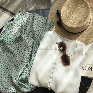 V-neck Plain Button-up Top / High-waist Floral A-line Skirt