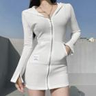 Long Sleeve Ribbed Knit Zip-up Hooded Mini Dress