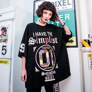 Elbow-sleeve Lettering T-shirt Black - One Size