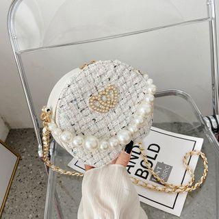 Faux Pearl Heart Tweed Round Crossbody Bag