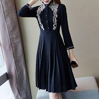 Long-sleeve Embroidered Accordion Pleat A-line Dress