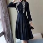 Long-sleeve Embroidered Accordion Pleat A-line Dress