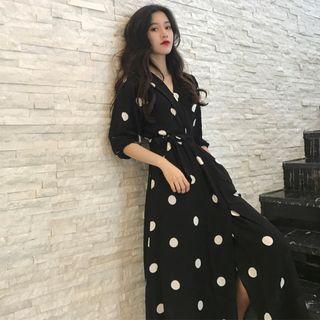 Mid-sleeve Dotted Midi Dress