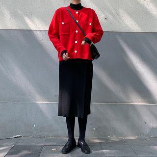 Crew-neck Cardigan / Ribbed Midi Skirt / Colorblock Scarf