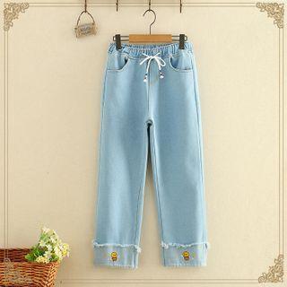 Bee Embroidered Fleece-lined Jeans