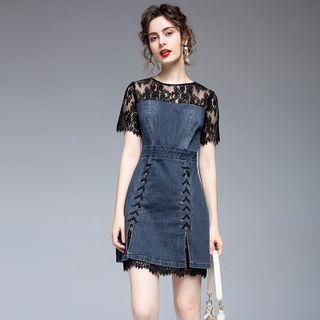 Short-sleeve Denim Panel A-line Lace Dress