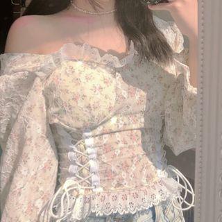 Cold Shoulder Floral Blouse White - One Size