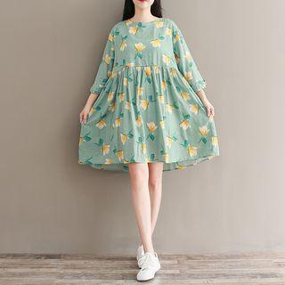 3/4-sleeve Floral Print Mini A-line Dress