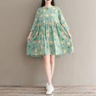 3/4-sleeve Floral Print Mini A-line Dress