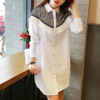 Striped Panel Frill Trim Shirtdress