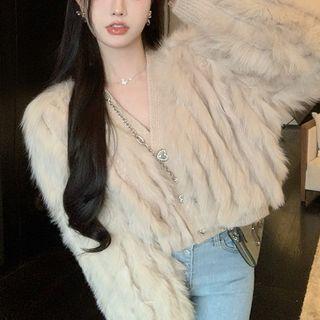 V-neck Furry Jacket Almond - One Size