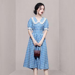 Set: Puff-sleeve Plaid Lace Trim Blouse + Midi A-line Skirt