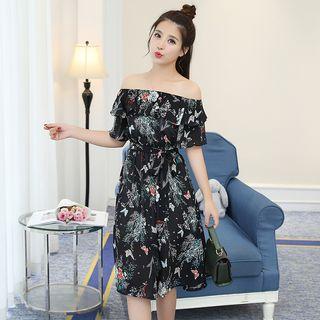 Printed Off-shoulder Elbow-sleeve Midi A-line Dress