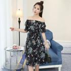 Printed Off-shoulder Elbow-sleeve Midi A-line Dress