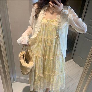 Frill Trim Chiffon Jacket / Floral Print Spaghetti-strap Midi Dress