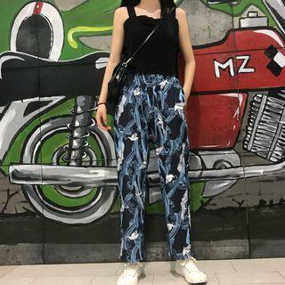 Crane Print Straight-cut Pants