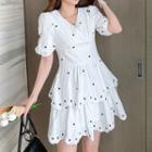 Puff Sleeve V-neck Embroidered Layered A-line Dress