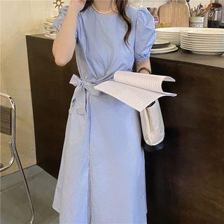 Puff-sleeve Bow Accent Midi A-line Dress Blue - One Size