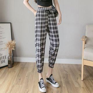 Elastic-waist Plaid Cropped Harem Pants