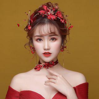 Set: Wedding Ribbon Headband + Hair Clip + Choker + Dangle Earring Set Of 5 - Headband & Hair Clip & Choker & 1 Pair - Clip On Earring - Red - One Size