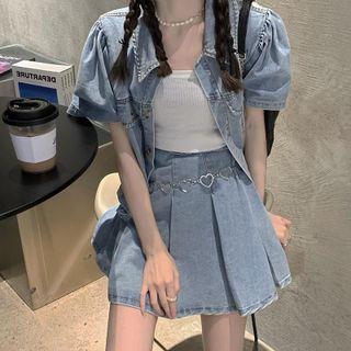 Short-sleeve Denim Jacket / Pleated Mini Skirt