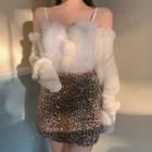 Fluffy Pom Pom Knit Jacket / Leopard Print Mini Skirt