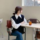 Set: Deep-slit Knit Vest + Wide-collar Round-hem Shirt Black - One Size