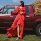 Long-sleeve Ruffle Asymmetrical Maxi A-line Skirt