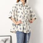 Leaf Print Elbow-sleeve Blouse Almond - One Size