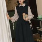 Set: Long-sleeve Collared Blouse + Midi A-line Overall Dress