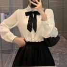 Long-sleeve Bow Accent Shirt With Bow - White - One Size