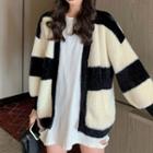 Color Block Fuzzy Open-front Cardigan Stripes - Black & White - One Size
