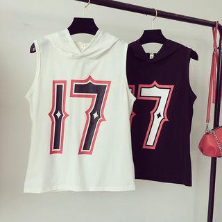 Number Print Hooded Sleeveless Top