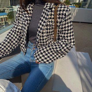 Faux-pearl Button Cropped Houndstooth Jacket Black - One Size