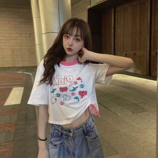 Elbow-sleeve Cartoon Print Cropped T-shirt