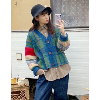 Drop-shoulder Plaid Cardigan Green - One Size