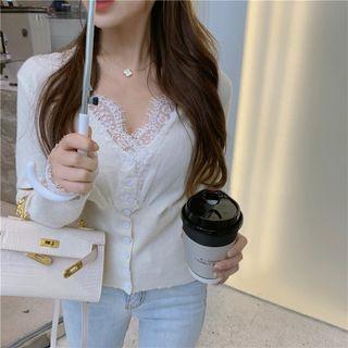 V-neck Lace Trim Cropped Cardigan White - One Size