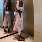 Set: Tie-waist Knit Vest + Long-sleeve Midi Shift Dress