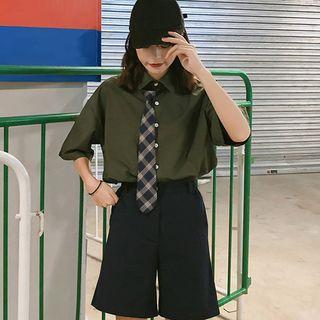 Pocket Detail Elbow-sleeve Shirt / High Waist Shorts