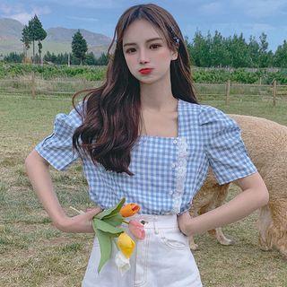 Gingham Lace Trim Short-sleeve Blouse