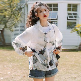 Floral Print Zip-up Hooded Jacket White - One Size