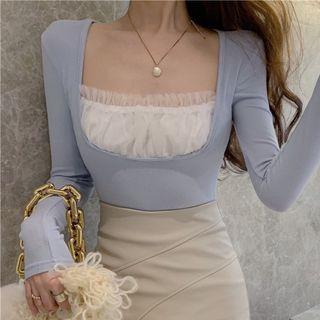 Lace Trim Knit Top Blue - One Size