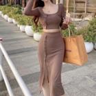 Long-sleeve Crop T-shirt + Midi Pencil Skirt