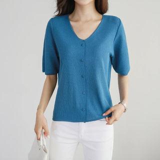 V-neck Elbow-sleeve Summer Knit Top