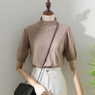 Short-sleeve Mock-turtleneck Plain Knit Top