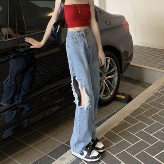 Cut-out Fray Hem High Waist Wide Leg Jeans