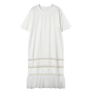 Faux Pearl Mesh Hem Short Sleeve Dress