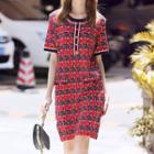 Short-sleeve Patterned Knit Dress Red - One Size